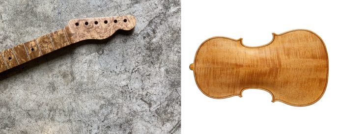Hlava a hmatník gitary z očkového javora a zadná doska huslí z vlnitého javora