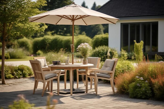 Záhradný stôl so stoličkami a slnečníkom na príjemné stolovanie v exteriéri